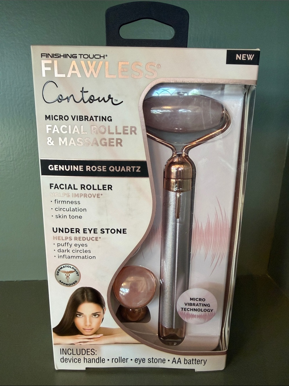 Finishing Touch Flawless Contour Rose Quartz Facial Roller - New in Box